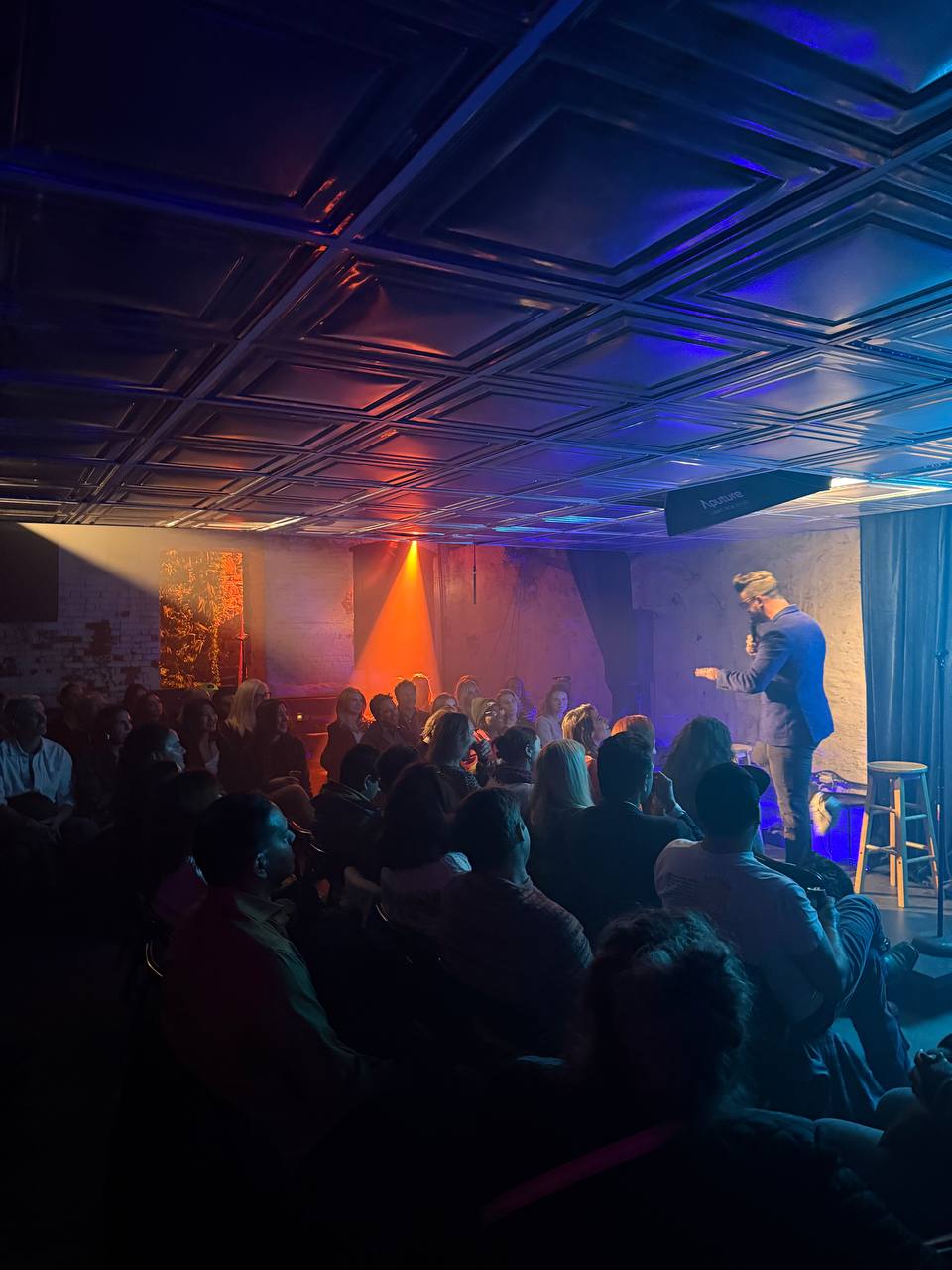 Comedian performing to a packed audience